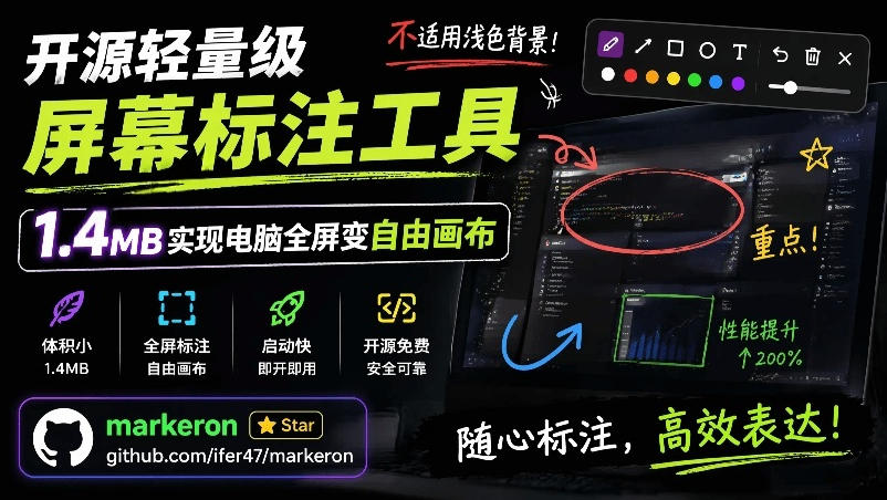 开源轻量级屏幕标注工具,1.4MB实现电脑全屏变自由画布!支持8种标注工具和全键盘操控MarkerOn