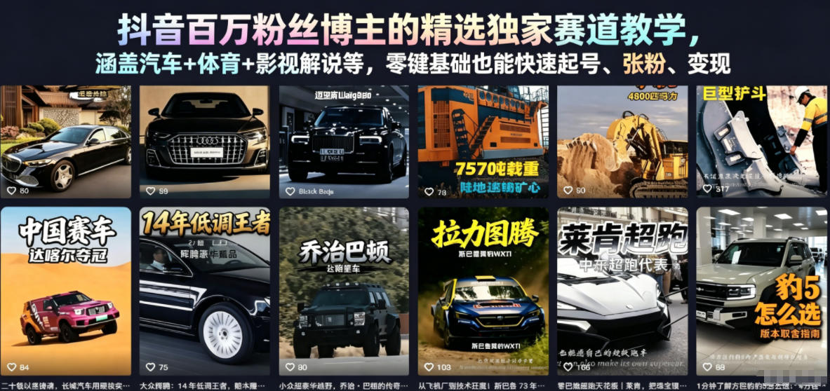 抖音百万粉丝博主的精选独家赛道教学,涵盖汽车+体育+影视解说等,零基础也能快速起号、涨粉、变现(更新0701)