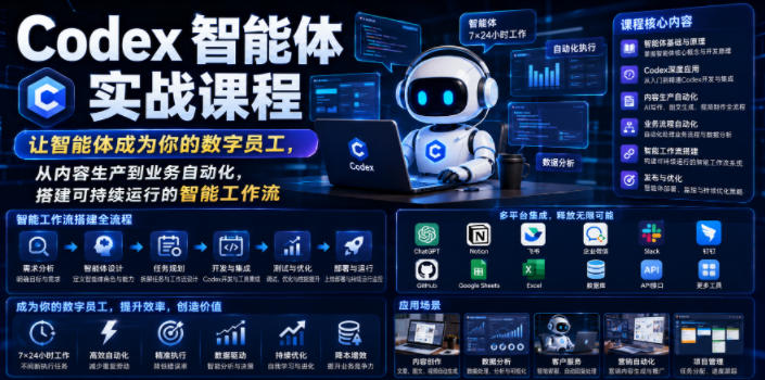 Codex智能体实战课程,让智能体成为你的数字员工,从内容生产到业务自动化,搭建可持续运行的智能工作流