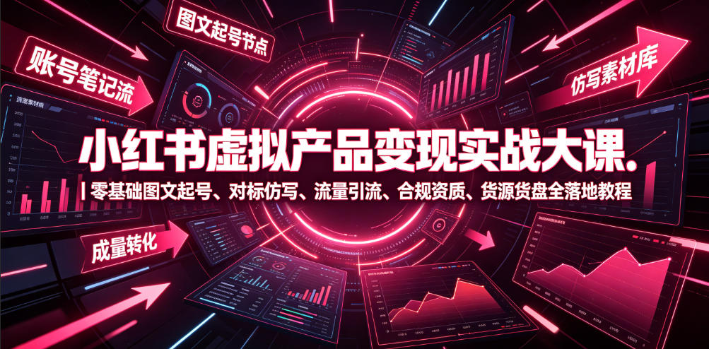 小红书虚拟产品变现实战大课|零基础图文起号、对标仿写、流量引流、合规资质、货源货盘全落地教程