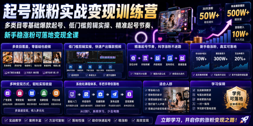 苗子起号涨粉实战变现训练营,多类目零基础爆款起号、精准起号节奏、新手稳涨粉可落地变现全课