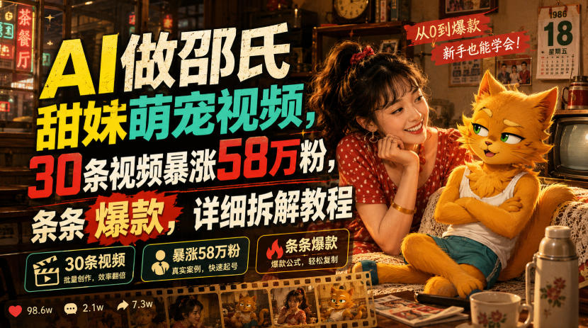 AI做邵氏甜妹萌宠视频,30条视频暴涨58万粉,条条爆款,详细拆解教程