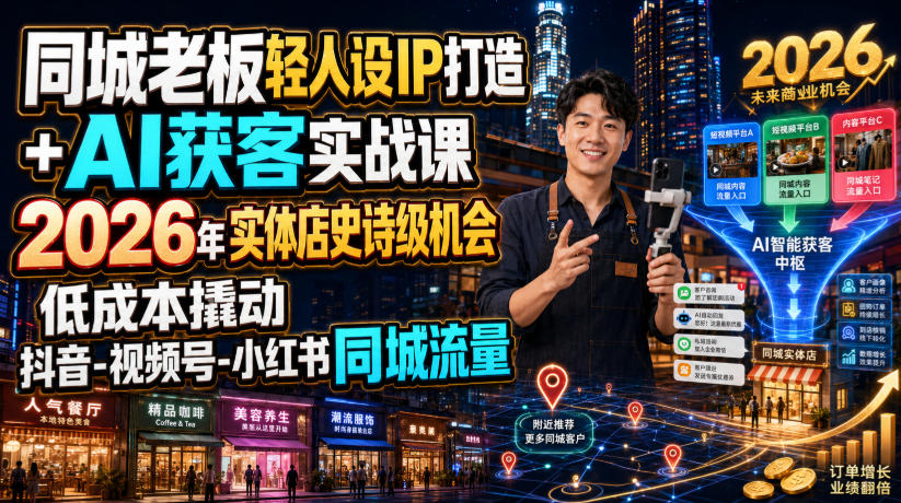 同城老板轻人设IP打造+AI获客实战课,2026年实体店史诗级机会,低成本撬动抖音-视频号-小红书同城流量