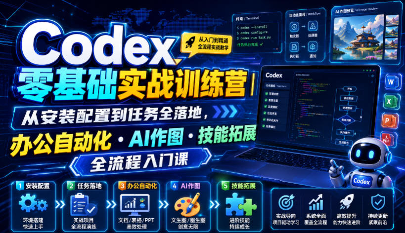 Codex零基础实战训练营|从安装配置到任务全落地,办公自动化・AI作图・技能拓展全流程入门课