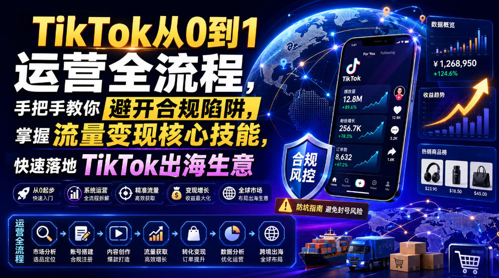 TikTok从0到1运营全流程，手把手教你避开合规陷阱，掌握流量变现核心技能，快速落地TikTok出海生意（更新7月）