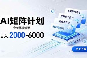 (19690期)AI矩阵计划!日收益2000-6000+,项目绿色长久,安全稳健,合规靠谱,可批量放大。